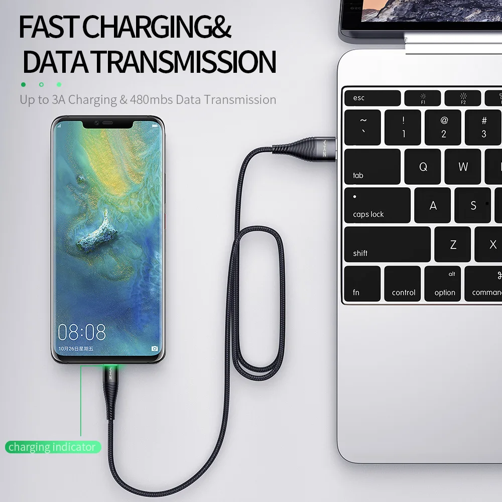 YKZ светодиодный кабель 3A usb type C для быстрой зарядки, кабель type-C для мобильного телефона samsung Galaxy Xiaomi huawei, кабель USB C USB-C, кабель для зарядки
