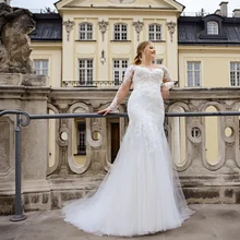 

Plus Size Mermaid Wedding Dress For Woman Button Back Customizable Fishtail Bridal Gown With Long Sleeves Свадебное платье 2021
