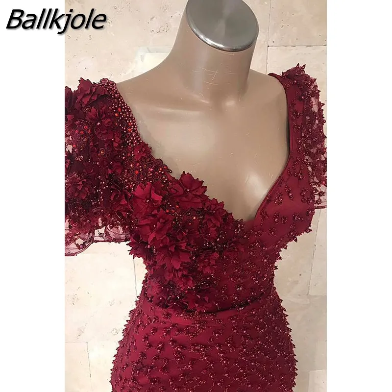 Ballkjole вечерние платья русалки 2019 V шеи короткий рукав кружева платье выпускного вечера с бисером жемчугом кружева элегантное женское
