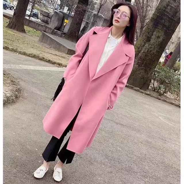 

2019 Autumn Winter Slim Waistband Double-sided Pink 100% Wool & Blends Coat
