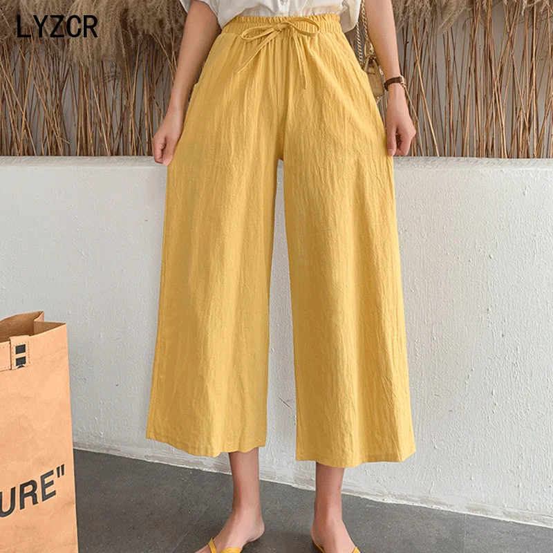 

Wide Leg Pants Capri Casual Summer Cotton Line Women's Pants Loose Straight Cotton High Waist Harem Pant For Women Trousers
