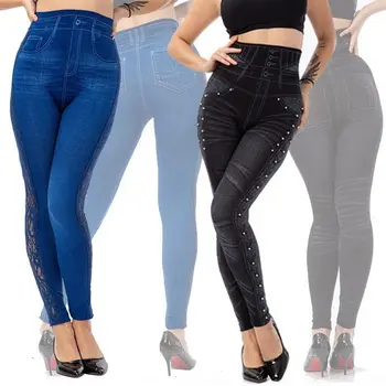 

Summer Woman Sexy Legging Womens High Waist Seamless Corset Faux Denim Embroidery Print Hollow Out Leggings Stretch Pants