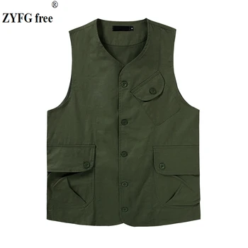 

Spring men casual Work vest Multi-pocket outerwear design vest mens solid color fashion Vest EU size for men Tops