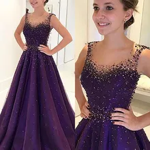 Блестящее выпускное платье трапециевидной формы/Принцесса Глубокий круглый вырез длина до пола Тюль без рукавов бисером вечерние платья