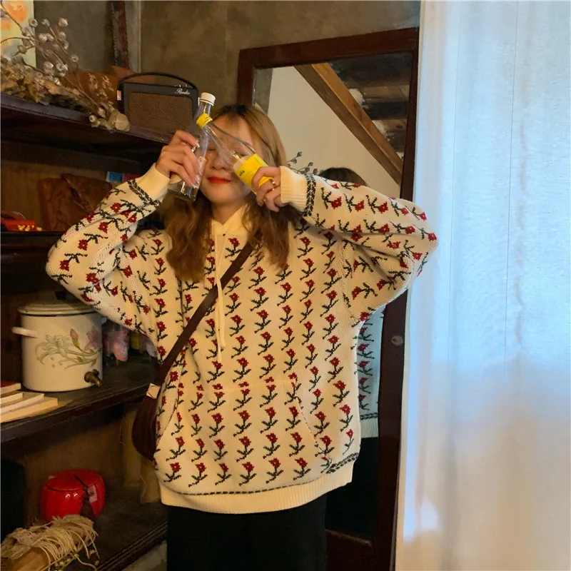 

2019 Autumn & Winter New Arrival Korean Style Floral Hooded Long Sleeve Knit Sweater Female Free Shipping