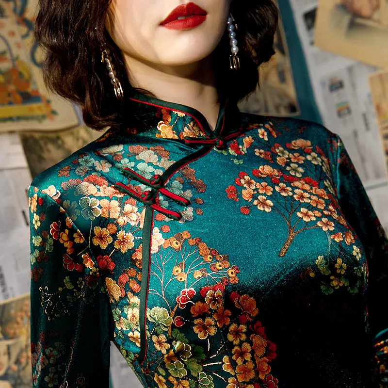 Sheng Coco, большие размеры, L-5XL, длинные платья, платье Чонсам с длинным рукавом, цветочный велюр, китайское платье, Дамский воротник-мандарин, Восточный Qi Pao
