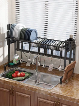 

stainless steel kitchen sink black bowl drain pool storage rack chopsticks shelf organizer porta shelves rangement cuisine