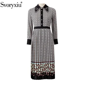 

Svoryxiu 2020 Spring Summer Runway Pleated Long Dress Women's Long Sleeve Beaded Turn-Down Collar Vintage Print Party Dresses