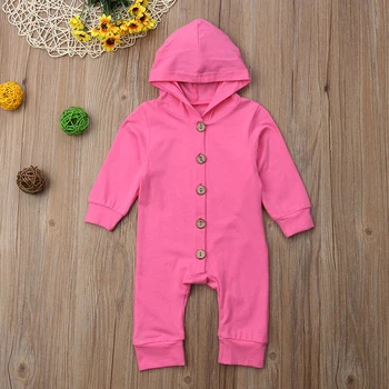 

New Autumn Solid Color Baby Jumpsuits Single-Breasted Hooded Long-sleeved Newborn Siamese Romper Children's Clothing