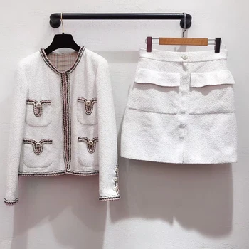 

Elegant White Set Two Piece Set Women Skirt Top 2019 Autumn Long Sleeve Jacket And Mini Skirts Suit
