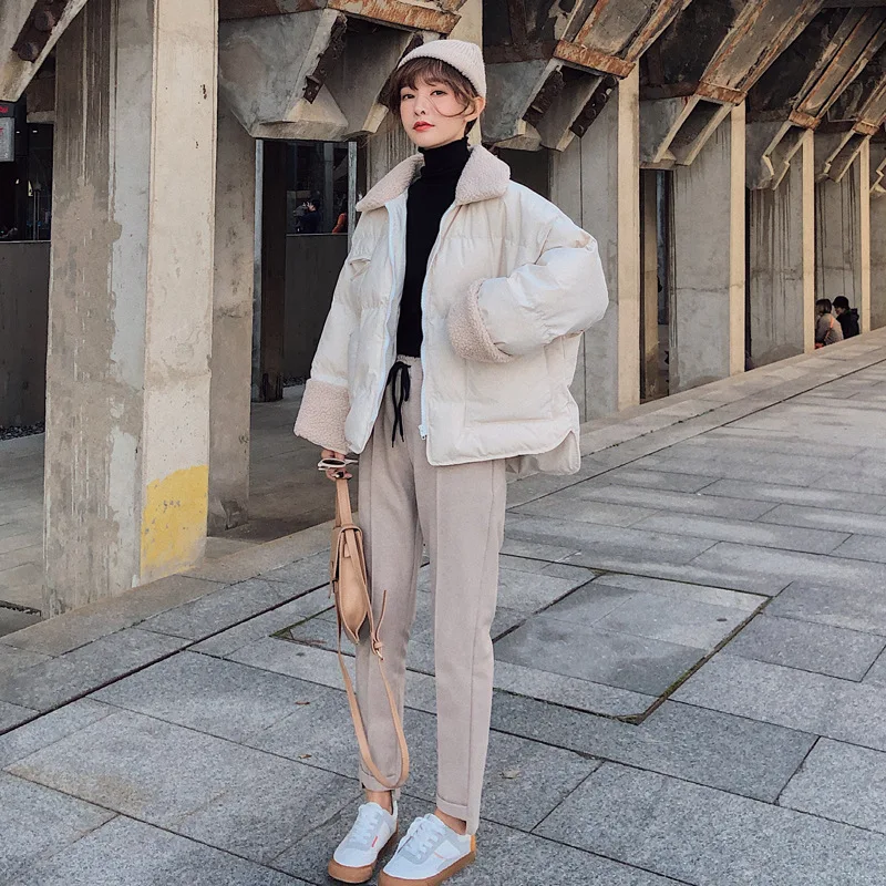 

Winter Coat down Coat Student Korean-style Joint Lambs Wool Thick Short Loose-Fit BF Cotton-padded Clothes