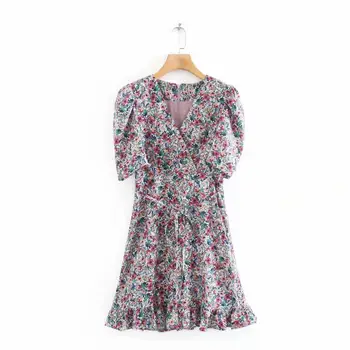 

New 2020 women vintage v neck floral print hem ruffles mini dress chic female puff sleeve bow vestido casual slim dresses DS3700