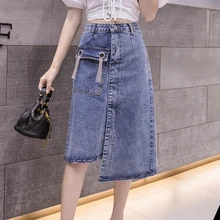 

Spring Chic Elegant Casual Mid-length Skirt with Pockets Women High Waist Irregular Split Tassel Washed Denim Skirts Harajuku