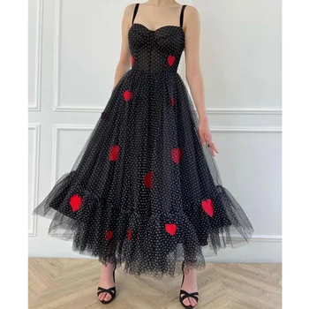

2020 Summer Runway Designer Sexy Spaghetti Strap Shoulder Dress Women Dot Tulle Red Heart Mesh Dress