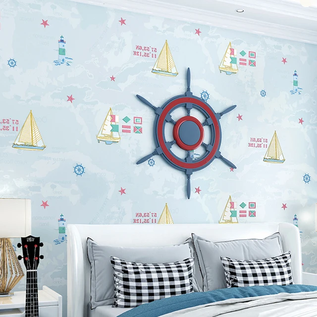 Papel tapiz de Velero para habitación de niños, decoración de pared de  dormitorio de niños, tela no tejida de dibujos animados, azul, moderno, 3D  - AliExpress