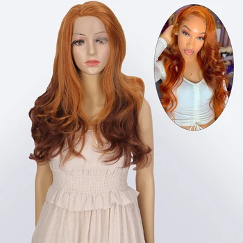 

DIANQI Synthetic Hair Long Body Wave Side Part Lace Front Wig Heat Resistant Fiber Natural Ombre Orange Color Daily Wearing