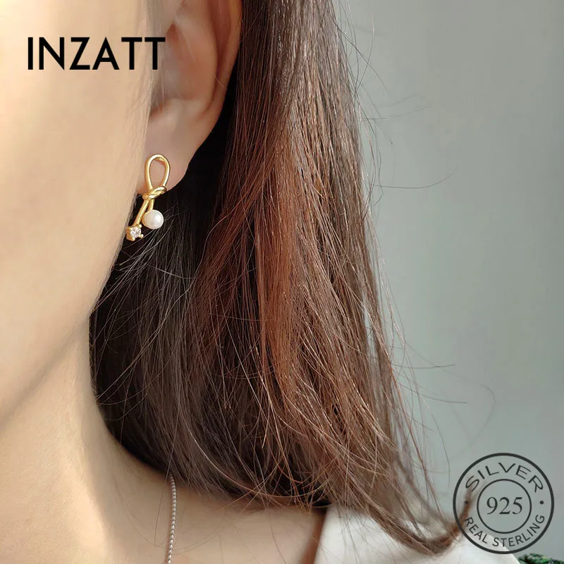 

INZATT Real 925 Sterling Silver Pearl Zircon Bowknot Drop Earrings For Fashion Women Party Geometric OL Fine Jewelry Accessories