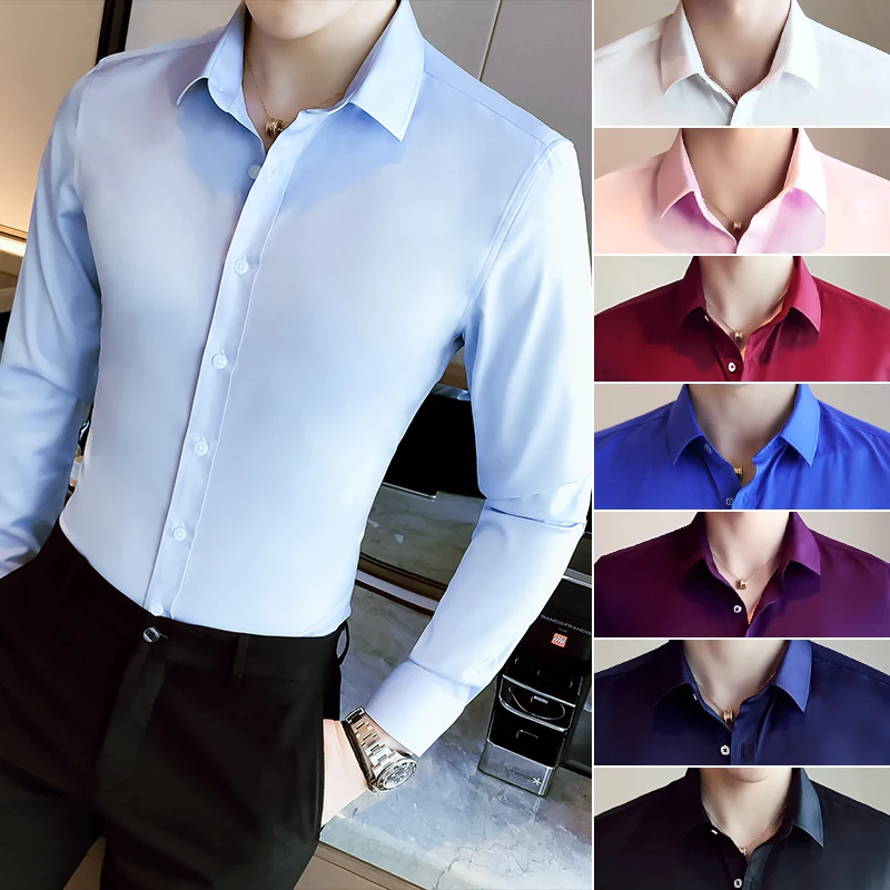 High Quality Mens Dress Shirts Long Sleeve White Business Male Slim Fit Button Up Formal Office Smart Casual Plus Size | Мужская одежда