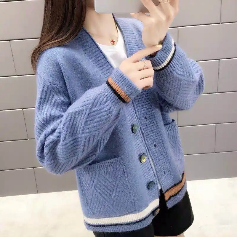 H han queen Single-breasted Jacket Knitted Cardigan Sweater Women Autumn Clothing Sweater Pocket Cardigan for Female Coat - Color: blue