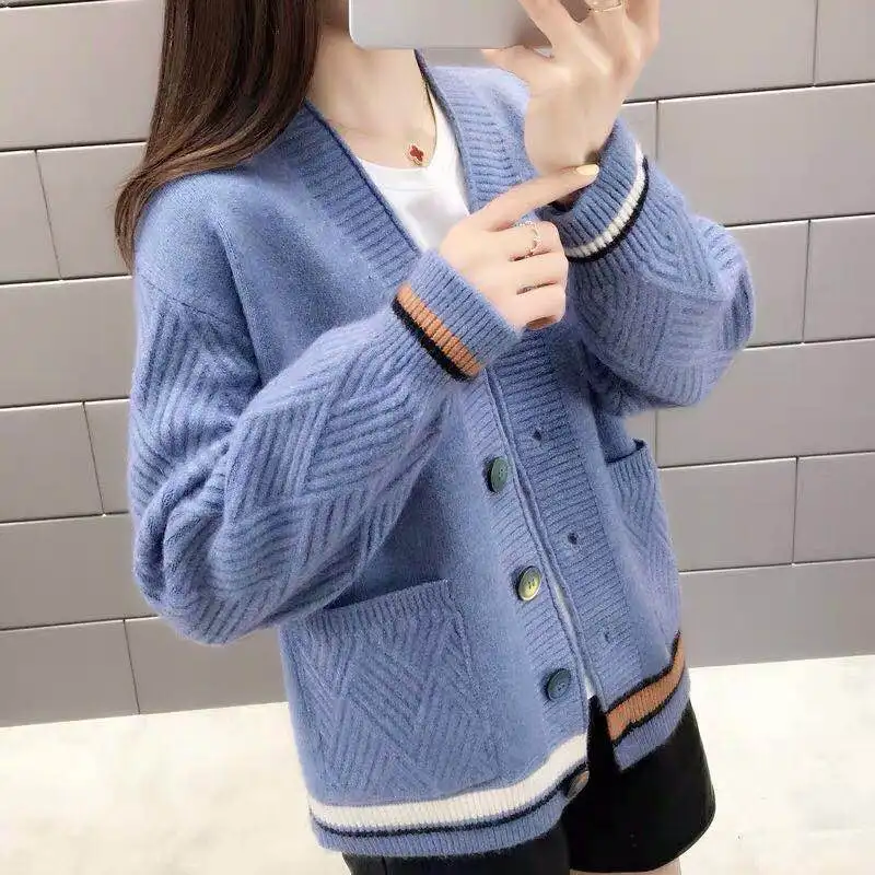 blue H han queen Single-breasted Jacket Knitted Cardigan Sweater Women Autumn Clothing Sweater Pocket Cardigan for Female Coat - Color: blue