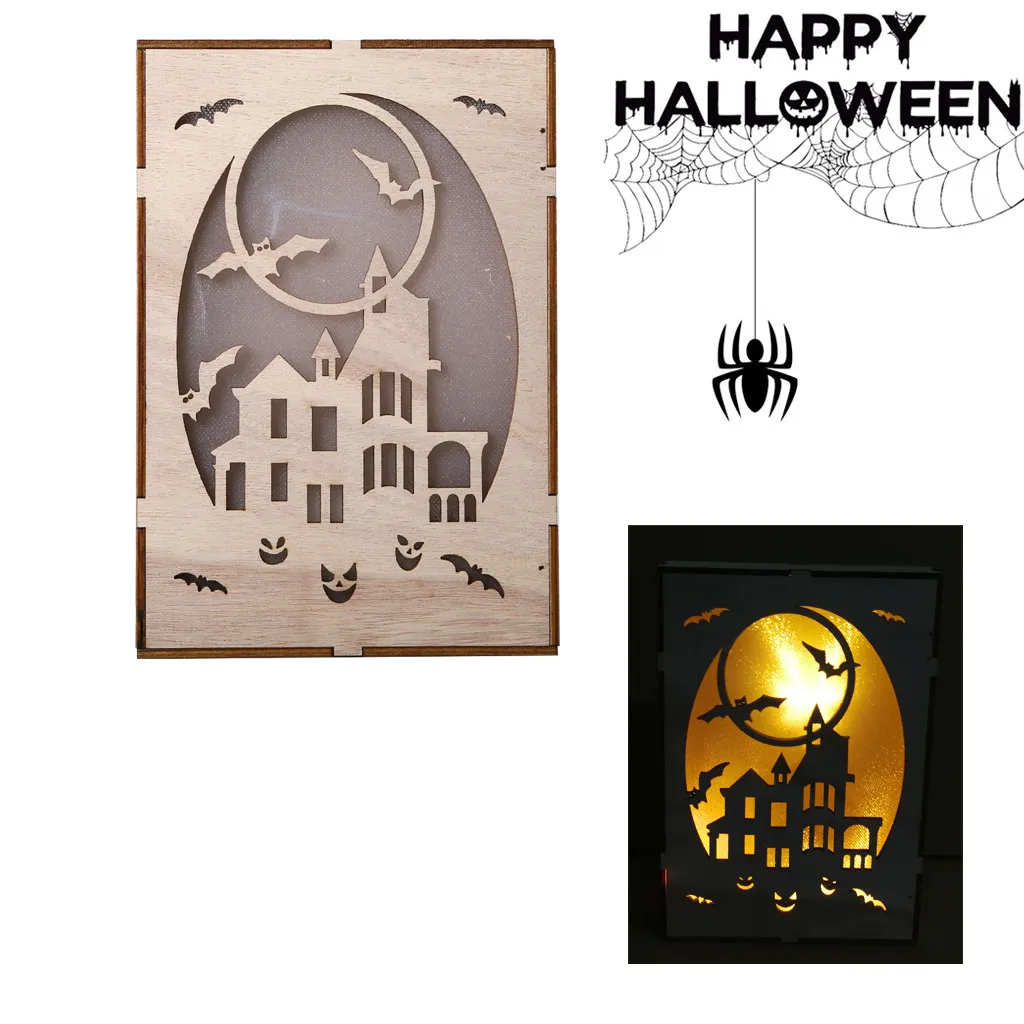 Halloween Hanging Decoration Crafts Wooden Pumpkin Haunted House Pendant LED Night Light Halloween Home Decor Clever Party Decor