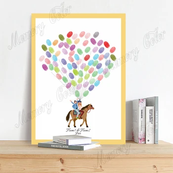 

Custom Couple Name Wedding Date Creative Fingerprint DIY Canvas Guestbook Painting Couple Riding a Horse Fingerprint Guest Book