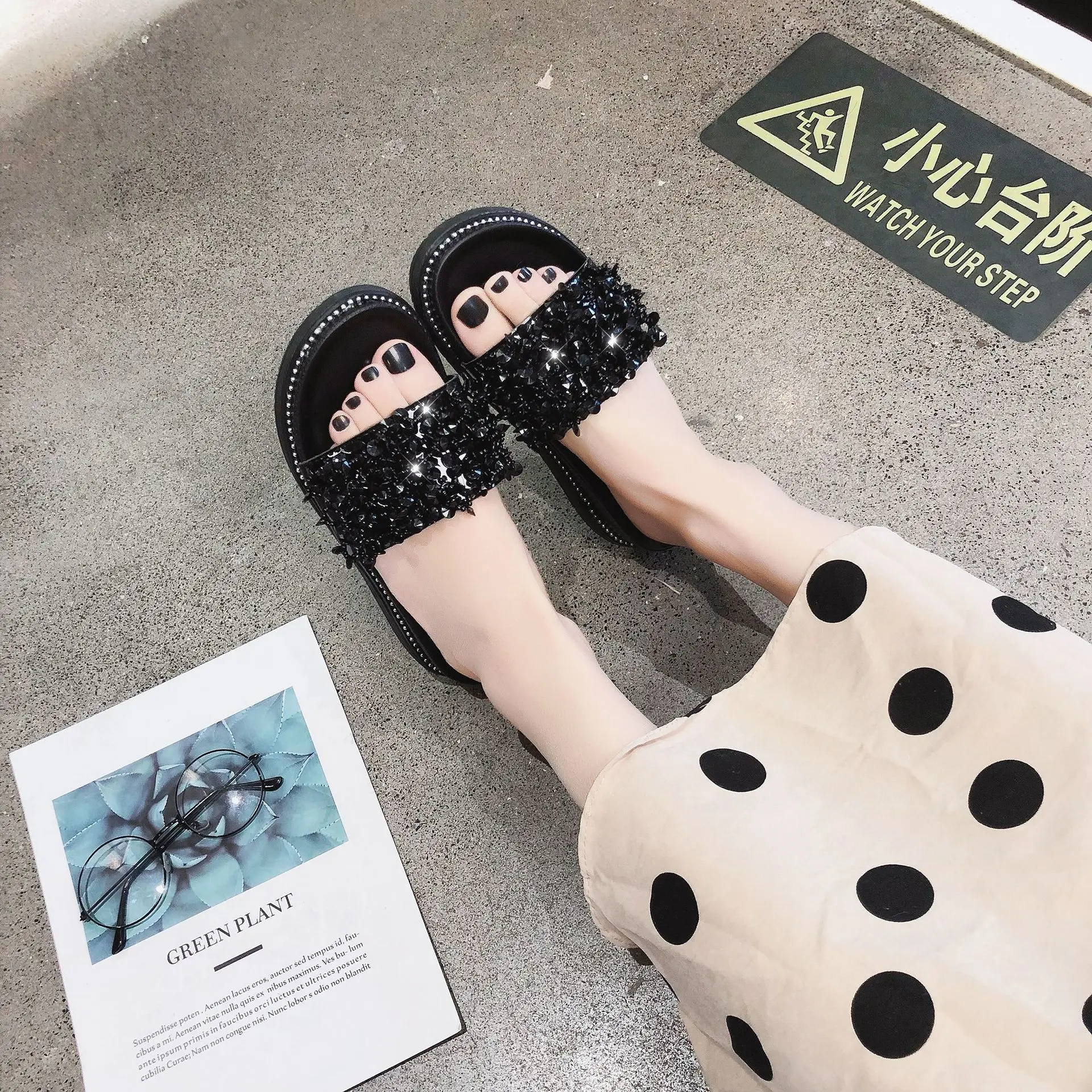 

Slipper Women's Outer Wear 2019 Summer Korean-style Man-made Diamond Sequin Versitile Fashion Thick Bottomed Casual Platform San