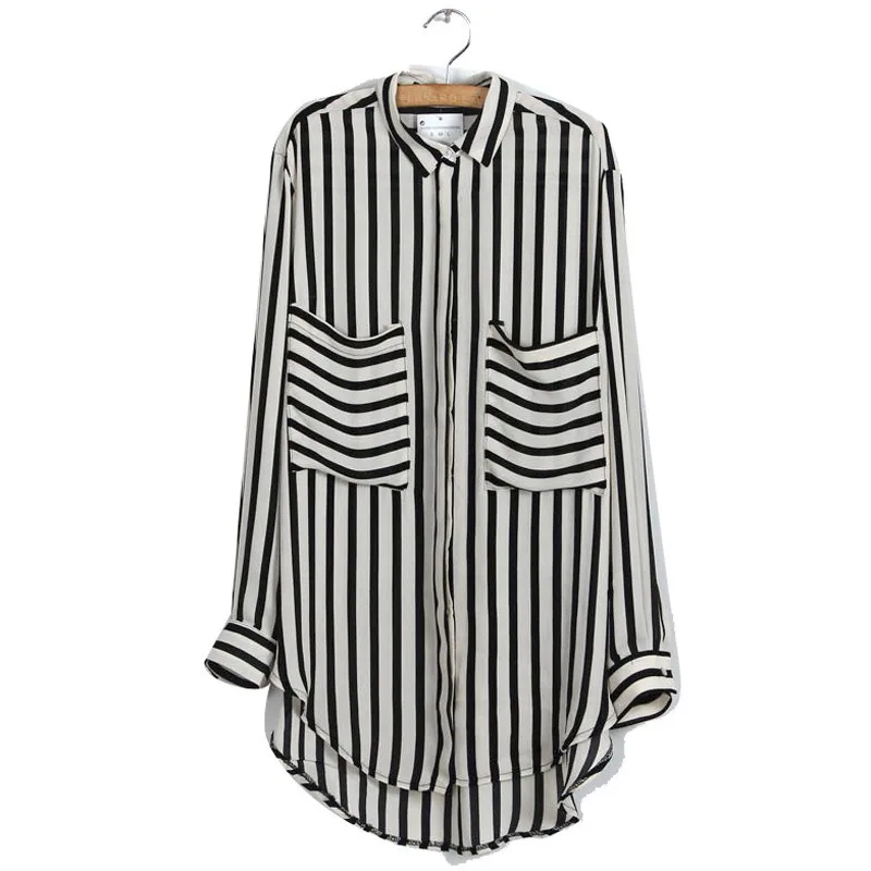 

Formal blouses Long Sleeve Button Down Women's Shirt Vertical Striped Chiffon Pocket Career Tops NS