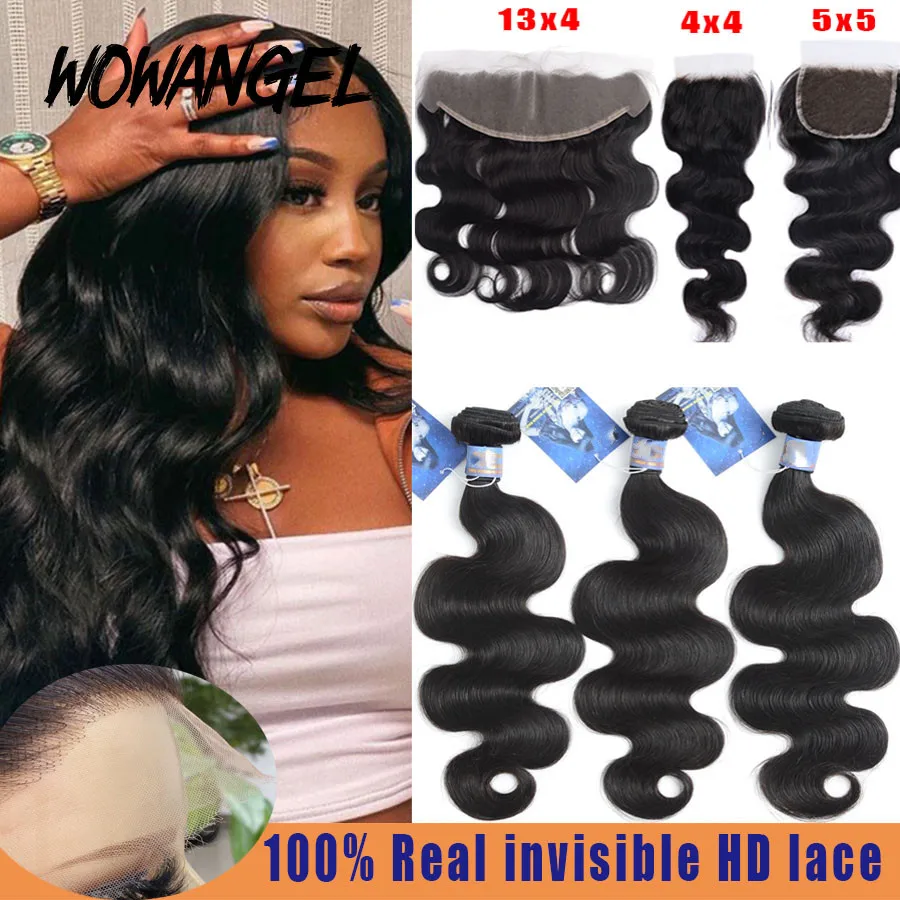 Body Wave Bundles with HD Lace Closure Peruvian Hair Bundles with Frontal Remy Hair Invisible Lace Melt Skins Hair Extensions 1