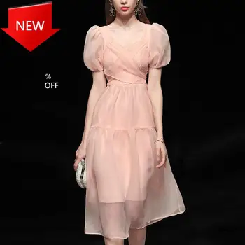 

Dress Casual Puff Sleeve Slim Lace Chiffon Dress 2020 Autumn Women's Clothing Elegant Designer Dress Women French Pink Bandage