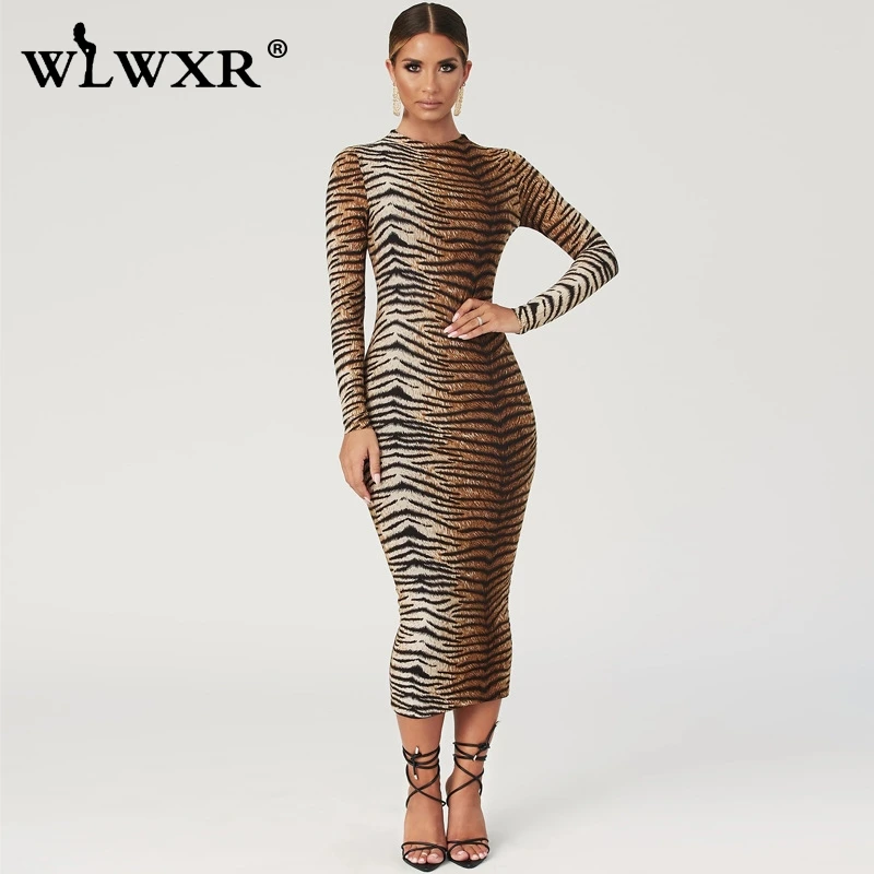 

WLWXR Autumn Bodycon Maxi Dress Women Tiger Printed Long Sleeve Wrap Sexy Dress Female Pencil Ladies Night Club Long Party Dress