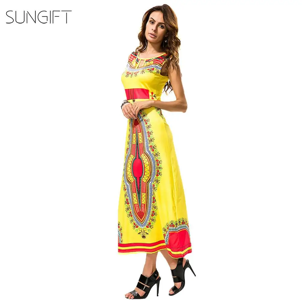 SUNGIFT африканская Дашики женское платье этнический принт спереди воротник открытие большие качели платье круглый вырез без рукавов африканская одежда