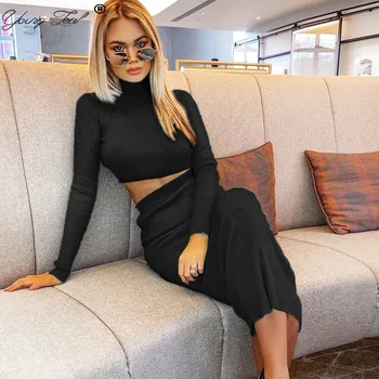 

Spring Ribbed Knitted Two Piece Matching Sets Women High Neck Long Sleeve Crop Top And Skinny Mid Skirt 2020 Fashion Streetwear