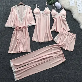 

MENORE Women Pajamas 5 Pieces Sets Silk Satin Solid Pyjama Set Sexy Pajamas with Pad Lace Night Suits Sleepwear Home Clothes