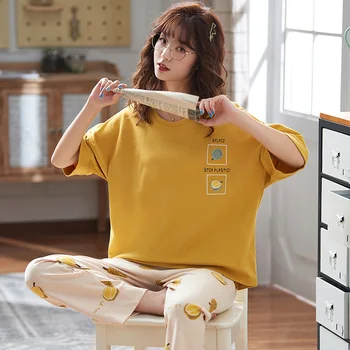 

Autumn Korean Cute Cartoon Women Pajamas 2-piece Set Casual Short-sleeved Trousers Nightgown Sets 2020 Cozy Ladies Home Clothes