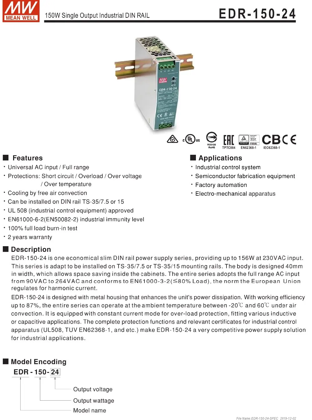Mean Well EDR-150-24 meanwell DC 24V 5.2A/115VAC/125W 6.5A/230VAC/156W одиночный выход промышленный din-рейку источник питания