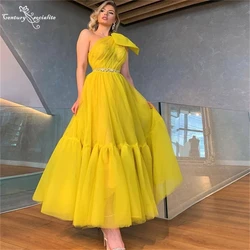 One-Shoulder Prom Dresses Long Crystal Belt Big Bow Ankle-Length Simple Evening Dress Formal Gowns Vestido De Fiesta