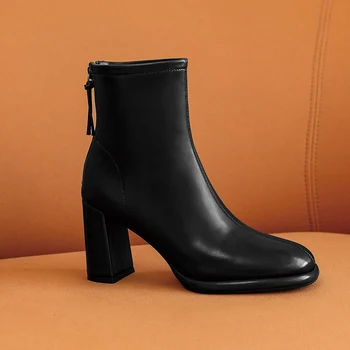 

Genuine Leather Thick high Heels ankle boots Back Zipper Women Boots square Toe woman Wedding Office Lady Shoes Woman