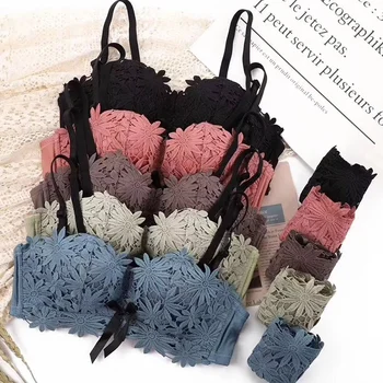 

Women Floral Embroidery Bra Set Sexy Push Up Bow Bralette Lingeries Wire Free Female Bras Brief Set