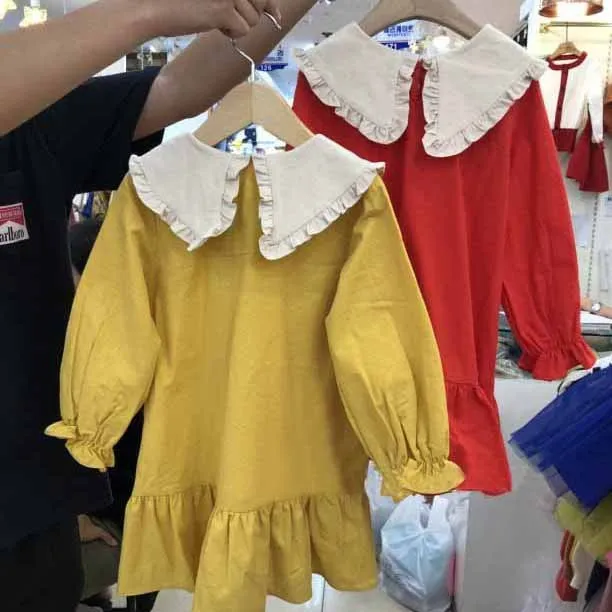 Новое корейское милое детское платье принцессы с длинными рукавами и большим отворотом однотонное платье для девочек