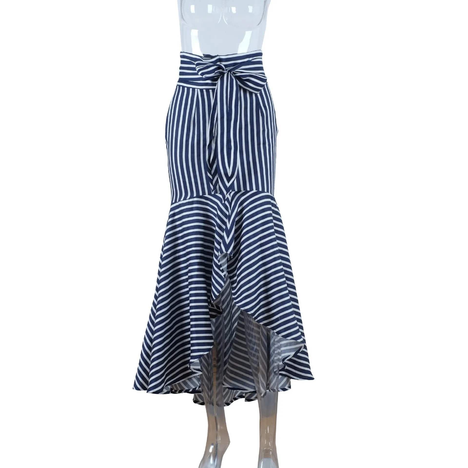 Женская длинная юбка с рюшами, синяя полосатая Асимметричная юбка с завышенной талией, богемные пляжные юбки с поясом-бабочкой