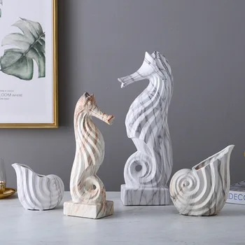 

Nordic Marble Pattern European Style Figurine Home Living Room Decorations Seahorse Conch Animal Ornaments Ceramic Miniatures