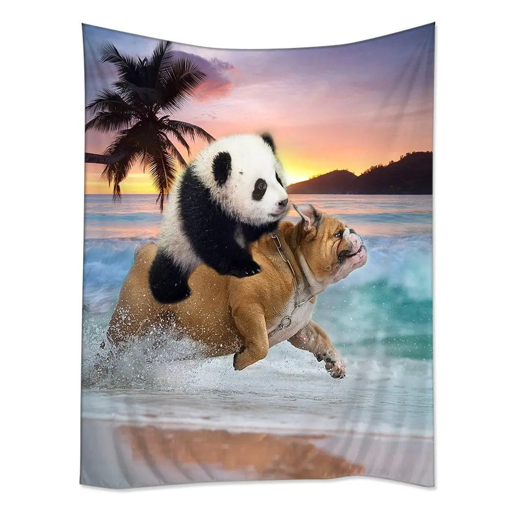 

Hippie Tapestry Bohemian Bedspread Funny Panda Ride Pug Dog Running In Beach