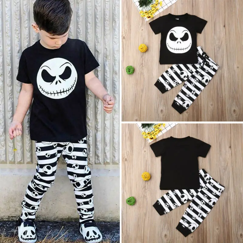 2019 Cotton Halloween Newborn Kids Baby Boy Skull Tops Short Sleeve T-Shirt Striped Long Pants Outfit Set Clothes Costume 2Pcs