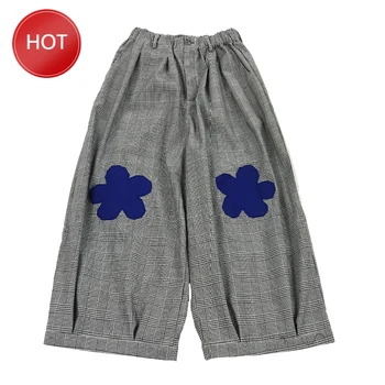 

Design Plaid Wide-leg Harem Pants For Women Big Flower Patch Elastic Mid-waist Ankle-length Ladies Cotton Trousers Summer New