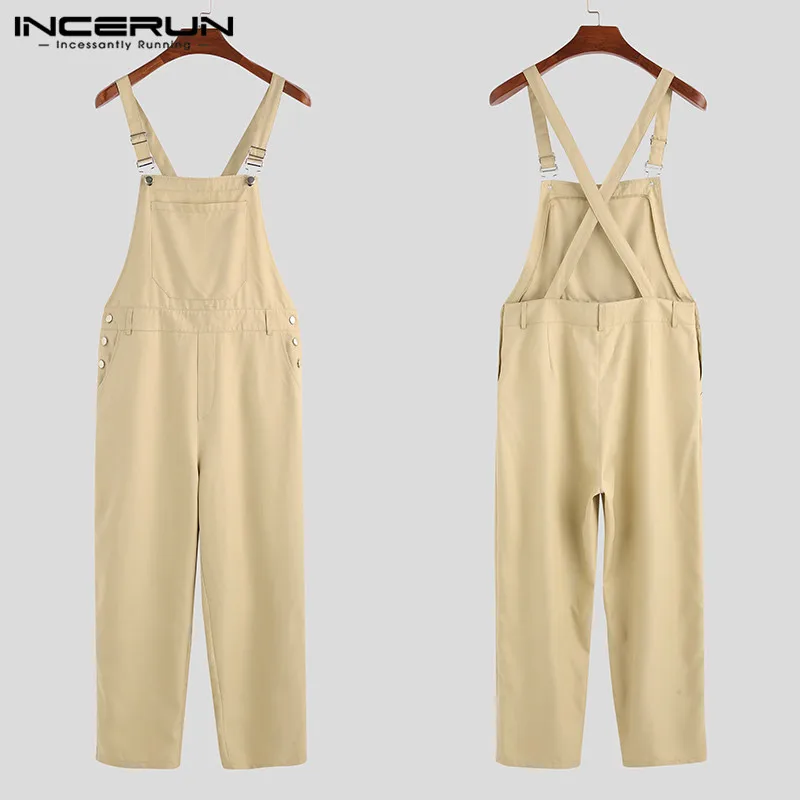 Khaki INCERUN, модный мужской комбинезон, Одноцветный, для бега, подтяжки, карманы, для фитнеса, уличная одежда, брюки, повседневный комбинезон, мужские комбинезоны, 5XL - Цвет: Khaki