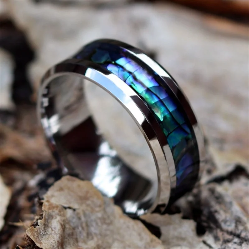 8mm Titanium Steel Fashion Men Rings Inlaid Abalone Shell Wedding Band Men Jewelry For Women Unisex Accessories wedding rings finger rings fashion rings titanium steel rings