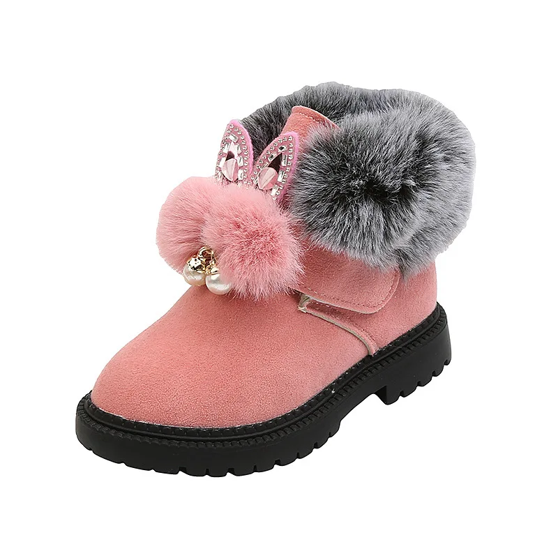 Girls Snow Boots Kids Ankle Sweet Cute Rabbit Ear Crystal Fluffy Smooth Fur Hairy Warm Thick Cotton Children Winter |