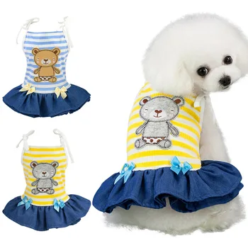 

Pet Spring Summer Stripes Sling Skirt Dogs Sleeveless Dress Printed Bear For Small Dogs Chihuahua Pug Yorkie Clothing