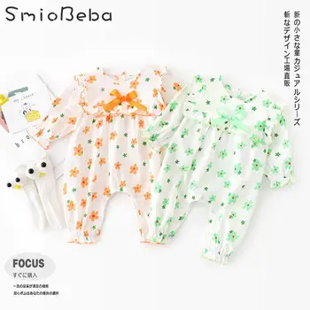 

Spring 2020 Newborn Baby Korean Rompers Bow Full Printed Small Flower Green Bodysuits Yellow Baby Romper Outfits Jumpsuits 0-24M